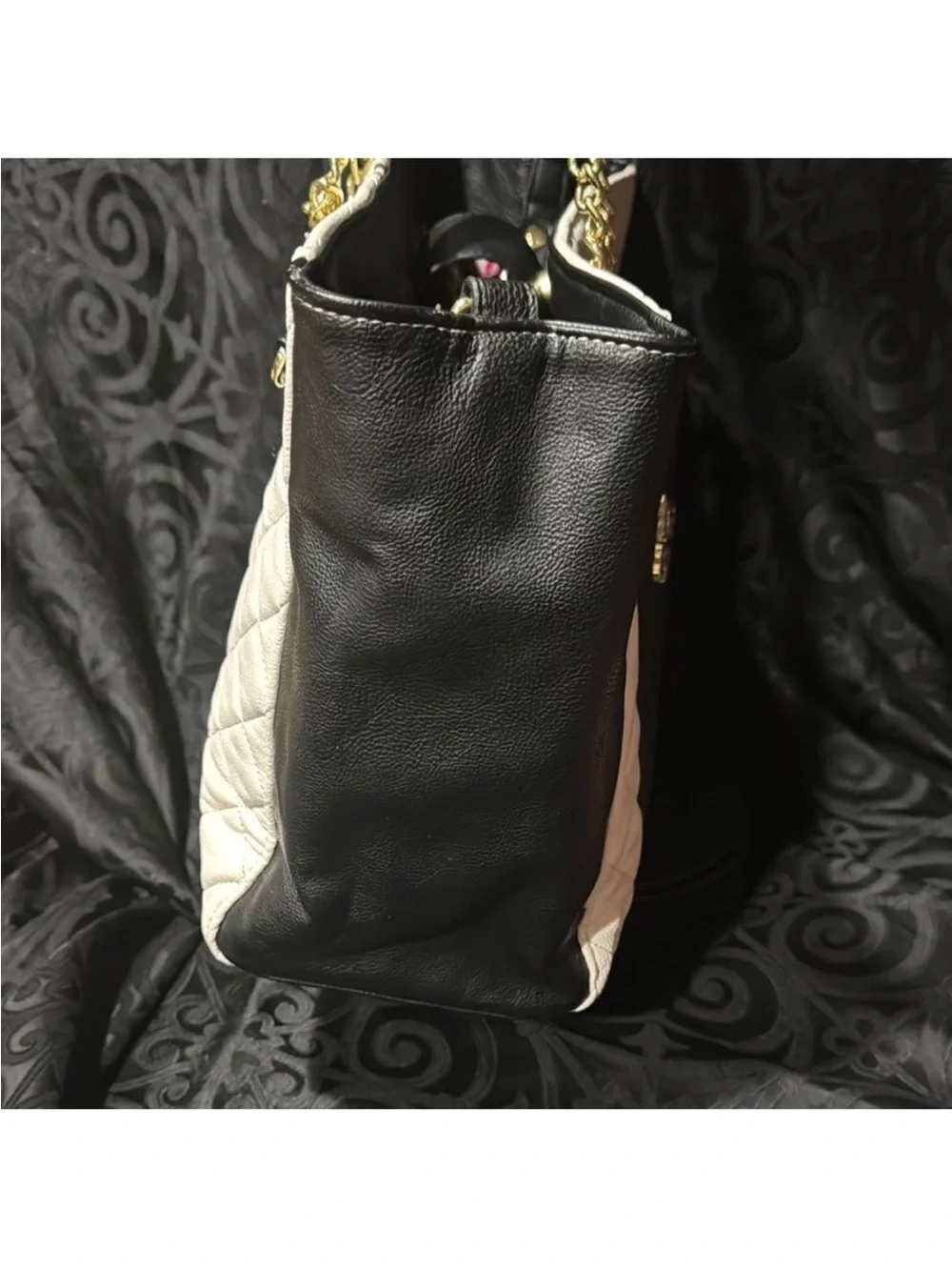 Black & White Tote Bag with Floral Embroidery